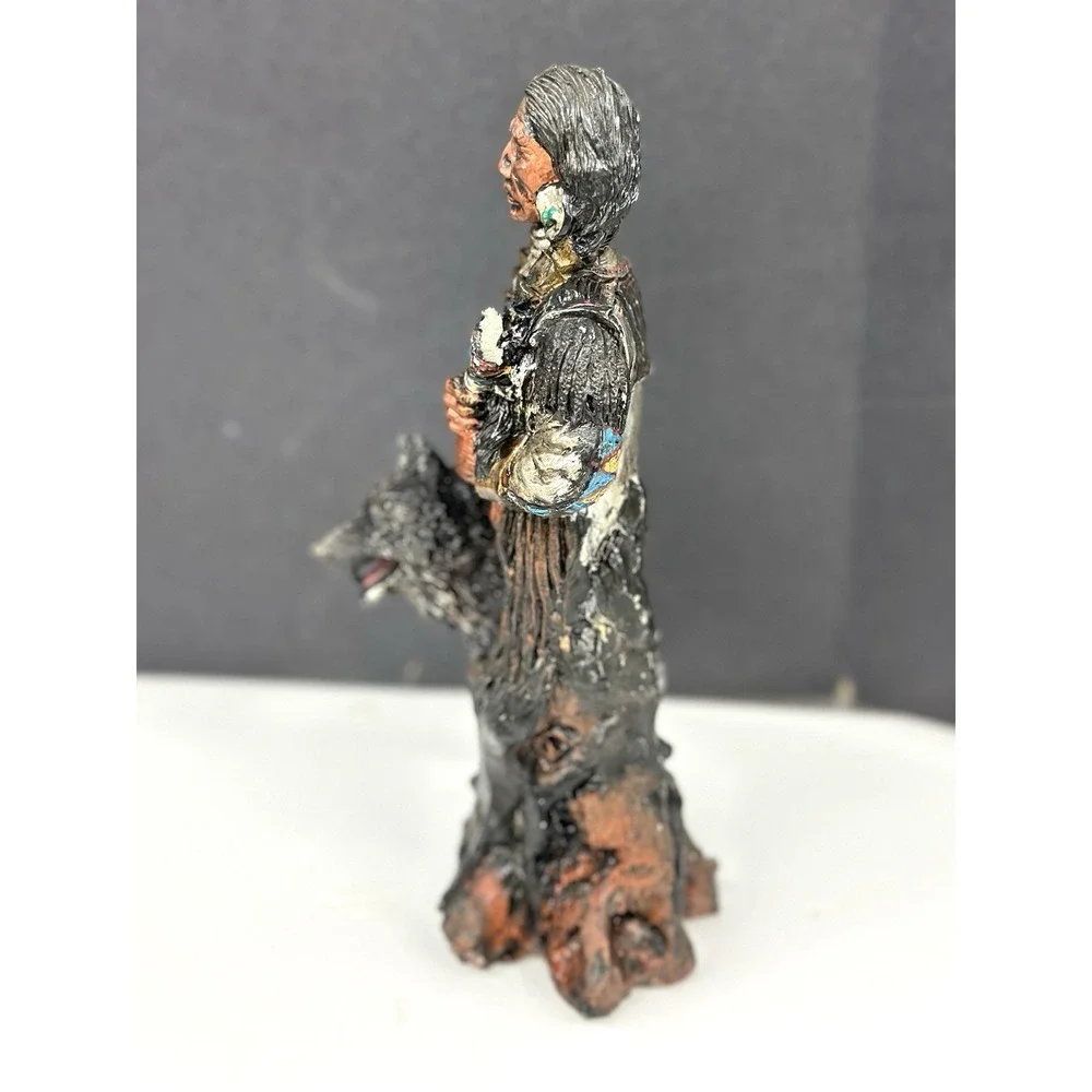 Vintage Resin Native American with Wolf Statue 9
